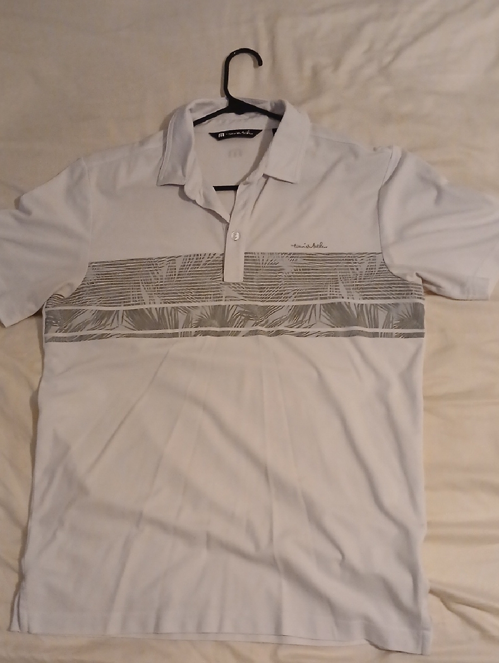TravisMathew White Polo with Gray Palm Stripe